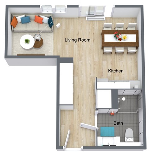 Floor plan for 1 bed, 1 bath, 391 sqft